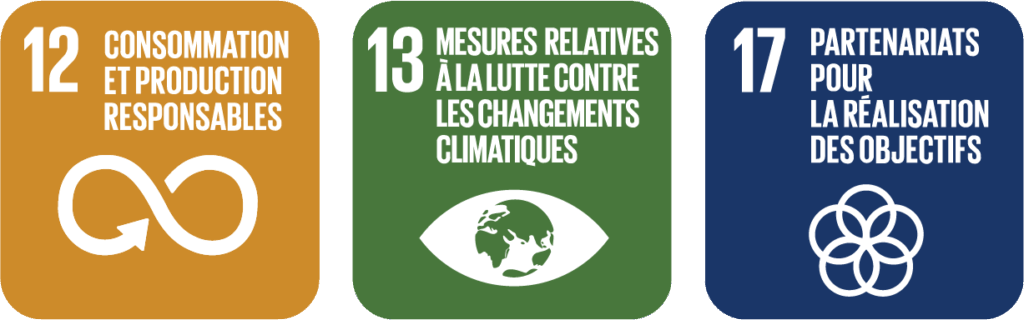 Objectifs de développement durable : 12 Consommation et production responsables, 13 Mesures relatives à la lutte contre les changements climatiques et 17 Partenariats pour la réalisation des objectifs.