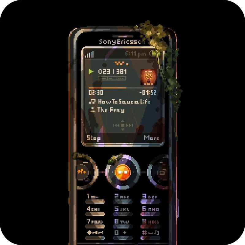 Pixel art d'un vieux téléphone Sony Ericsson sur fond noir