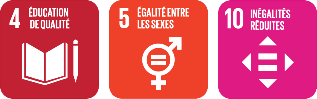 Objectifs de développement durable : 4 Éducation de qualité, 5 Égalités entre les sexes et 10 Inégalités réduites/
