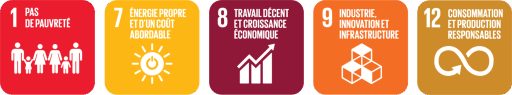 Objectifs de développement durable : 1 Pas de pauvreté, 7 Énergie propore et d'un coût abordable, 8 Travail décent et croissance économique, 9 Industrie, innovation et infrastructure et 12 Consommation et production responsable.